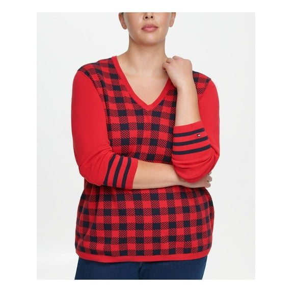 TOMMY HILFIGER Womens Red Plaid Long Sleeve V Neck Sweater Plus 0X