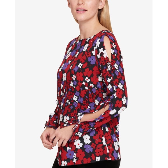 TOMMY HILFIGER Womens Red Slit Sleeve Floral Long Sleeve Jewel Neck Tunic Top Size: L