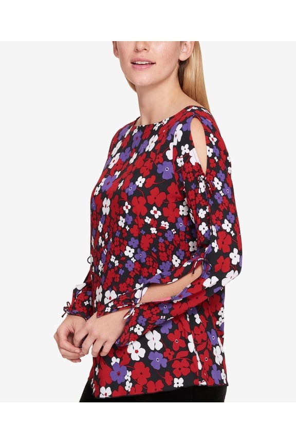 Womens Red Slit Sleeve Floral Long Sleeve Jewel Neck Tunic Top Size: L