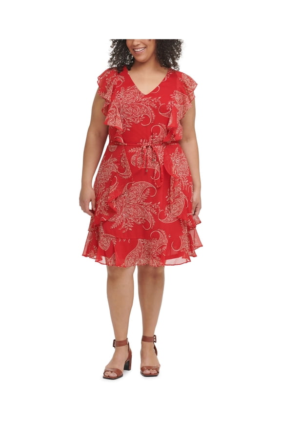 Womens Red Zippered Tie Ruffled Sheer Lined Paisley Flutter Sleeve V Neck Knee Length Evening Fit + Flare Dress Plus 22W