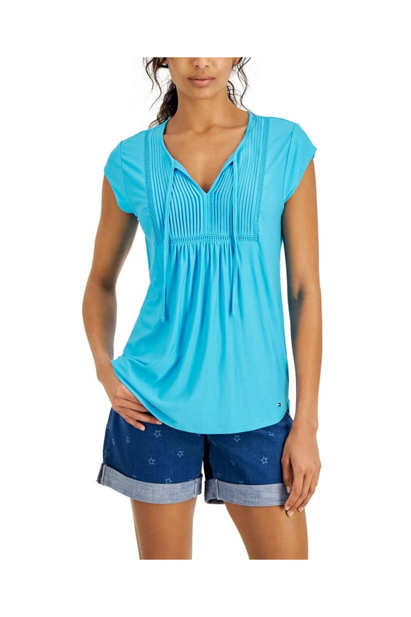 Womens Turquoise Tie Gathered Pintucks Ladder Trim Pullover Cap Sleeve Split Top S