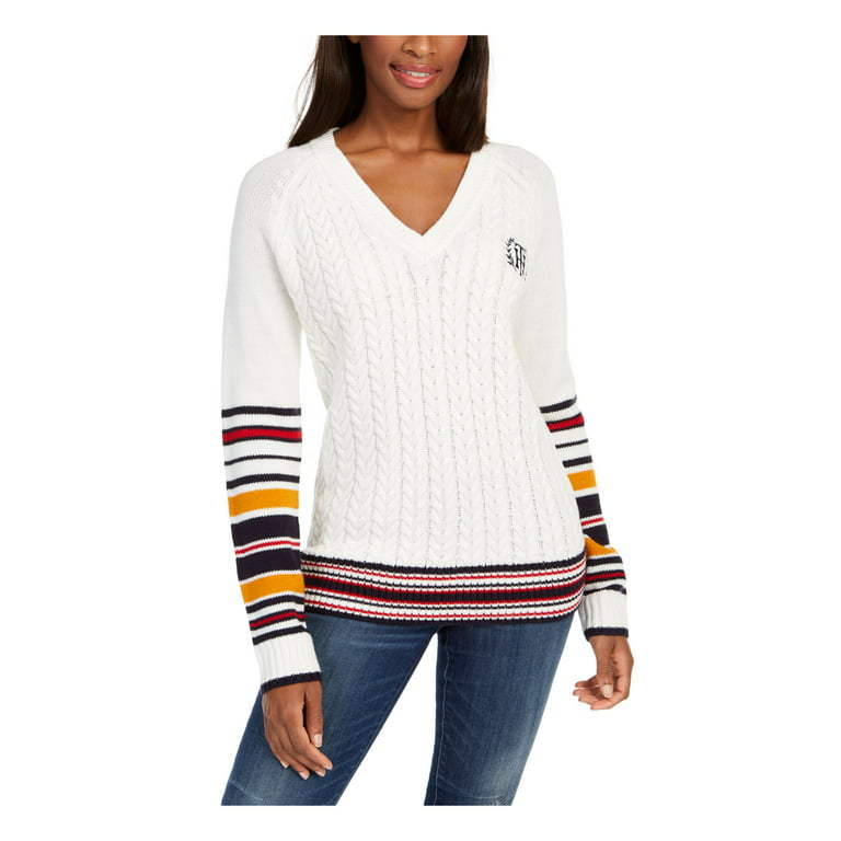 TOMMY HILFIGER Womens White Color Block Long Sleeve V Neck Sweater