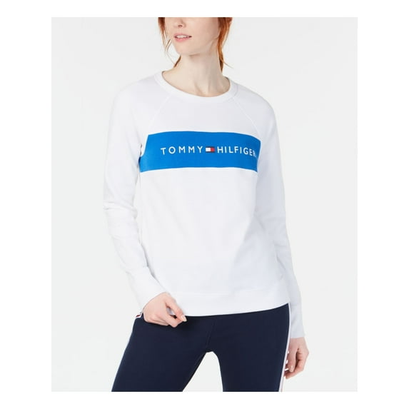 TOMMY HILFIGER Womens White Color Block Sweatshirt Size: L
