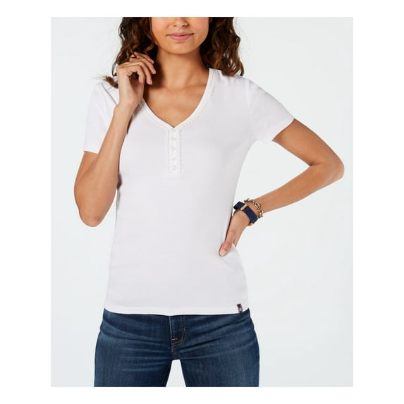 TOMMY HILFIGER Womens White Embroidered Short Sleeve V Neck T-Shirt Size: L