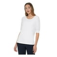 thumbnail image 1 of TOMMY HILFIGER Womens White Pleated Sheer Logo Plate Pullover Elbow Sleeve Scoop Neck Top L, 1 of 4