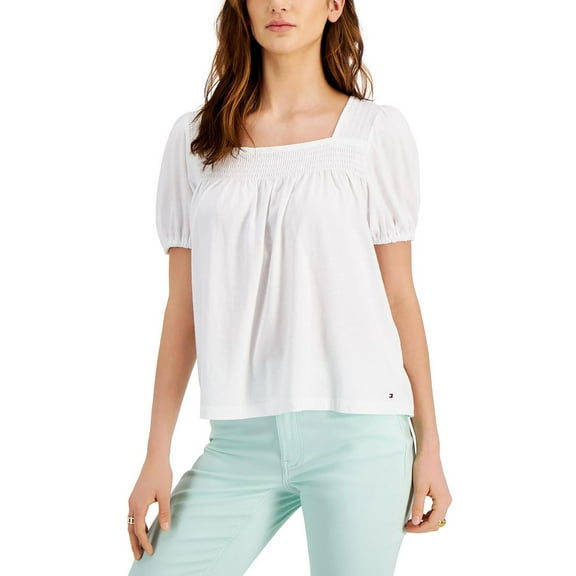 TOMMY HILFIGER Womens White Smocked Gathered Pouf Sleeve Square Neck Top S