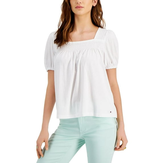 TOMMY HILFIGER Womens White Smocked Gathered Pouf Sleeve Square Neck Top XL
