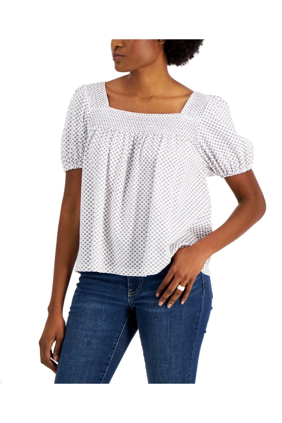 Womens White Smocked Pouf Sleeve Square Neck Top M