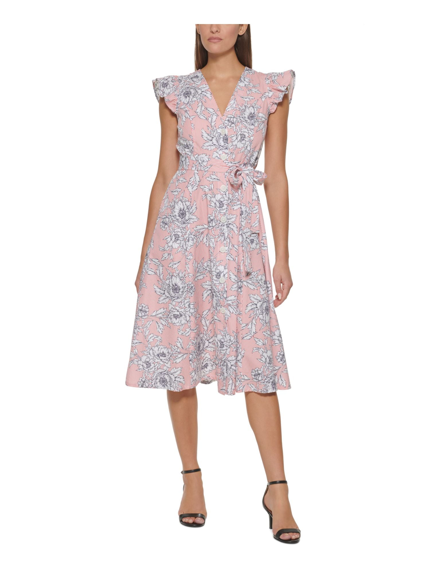 Tommy Hilfiger Women's White Striped Flutter Sleeve V Neck Midi Clothing, Workwear Fit + Flare Dress Size 2 - Walmart.com Tommy Hilfiger Women's White Striped Flutter Sleeve V Neck Midi Clothing, Workwear Fit + Flare Dress Size 2 - Walmart.com