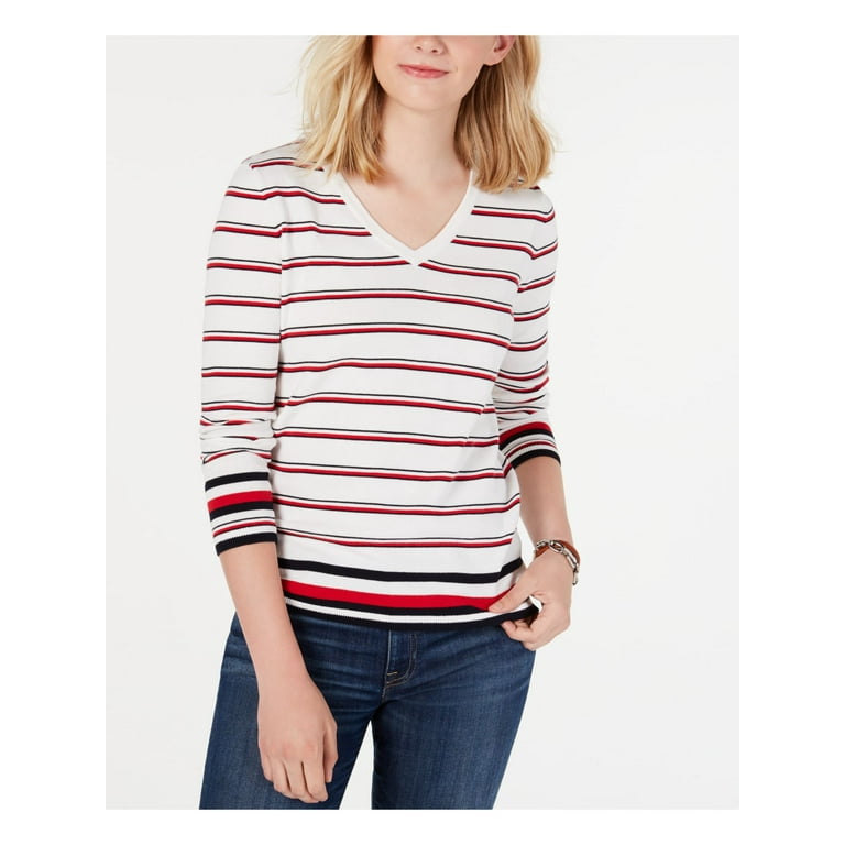 TOMMY HILFIGER Womens White Striped Long Sleeve V Neck Top Size XXL Walmart