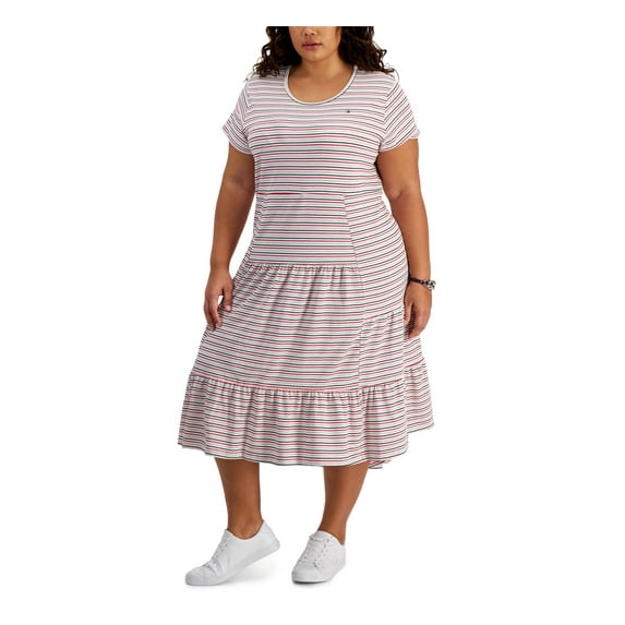 TOMMY HILFIGER Womens White Striped Short Sleeve Scoop Neck Midi Shift Dress Plus 2X
