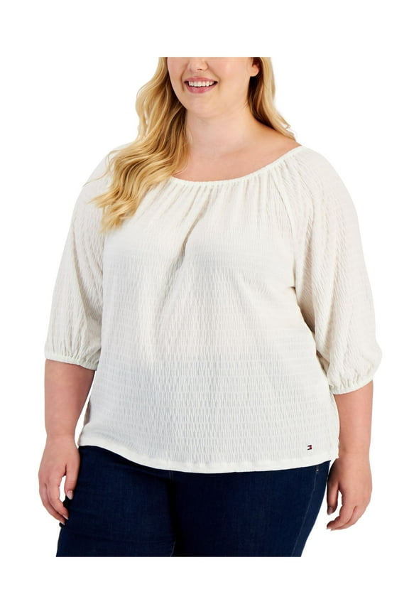 Womens White Textured Can Be Worn Off The Shoulder 3/4 Sleeve Round Neck Wear To Work Peasant Top Plus 1XL
