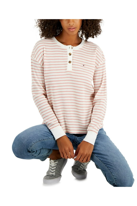 Womens White Textured Henley Boxy Fit Contrast Trim Striped Long Sleeve Round Neck Top M