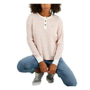 TOMMY HILFIGER Womens White Textured Henley Boxy Fit Contrast Trim Striped Long Sleeve Round Neck Top XL