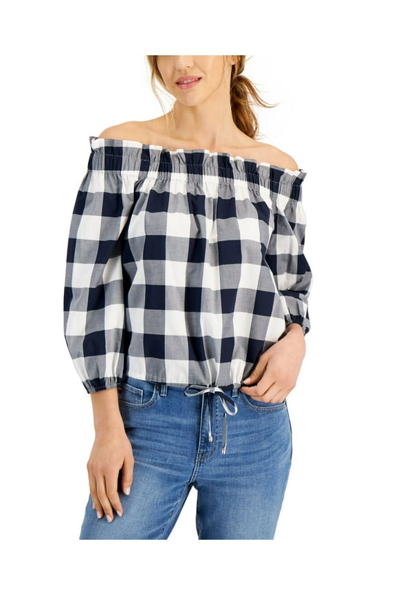 Womens White Tie Elasticized Embroidered Logo Gingham 3/4 Sleeve Off Shoulder Top XS