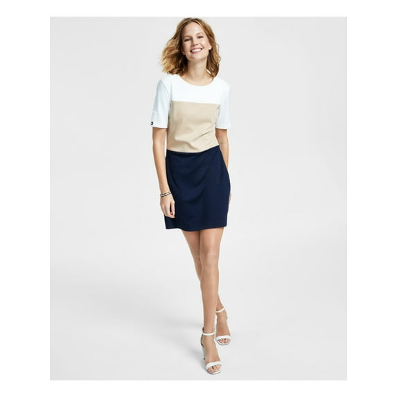 TOMMY HILFIGER Womens White Zippered Color Block Short Sleeve Round Neck Short Wear To Work Shift Dress Petites 10P