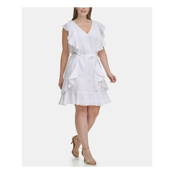 TOMMY HILFIGER Womens White Zippered Ruffled Self-tie Waist Cap Sleeve V Neck Above The Knee Party Fit + Flare Dress Plus 22W