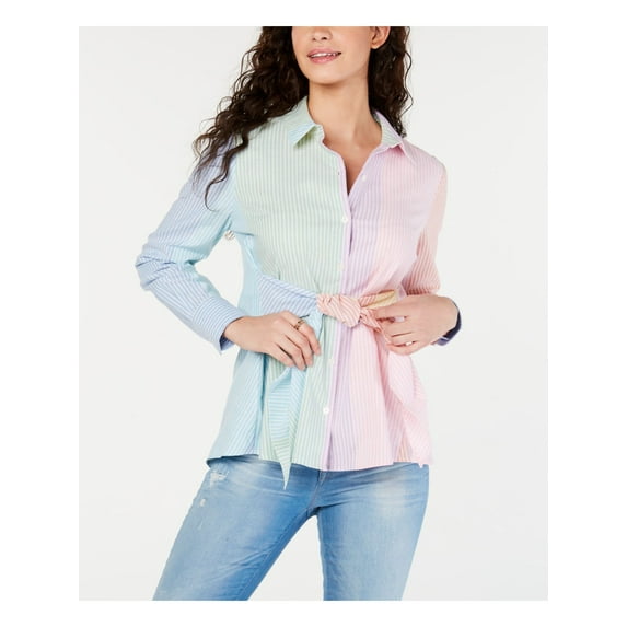 TOMMY HILFIGER Womens Yellow Color Block Long Sleeve Button Up Top Size: L