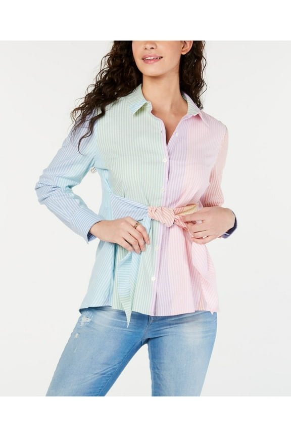 Womens Yellow Color Block Long Sleeve Button Up Top Size: L