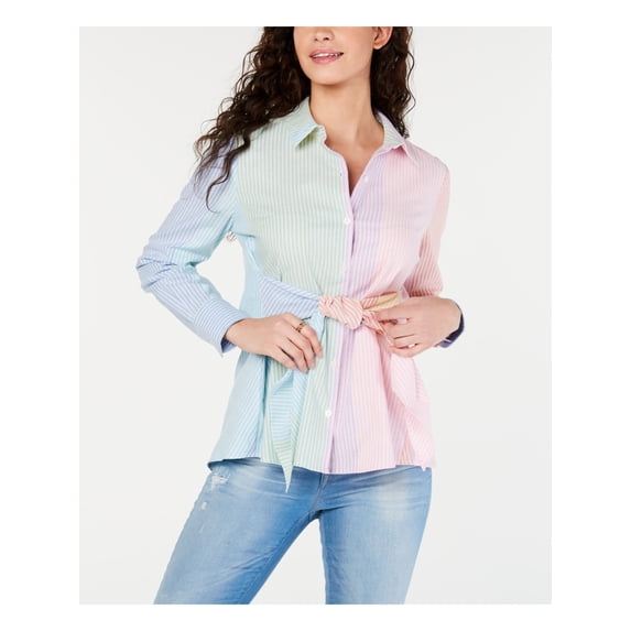 TOMMY HILFIGER Womens Yellow Color Block Long Sleeve Button Up Top Size: M