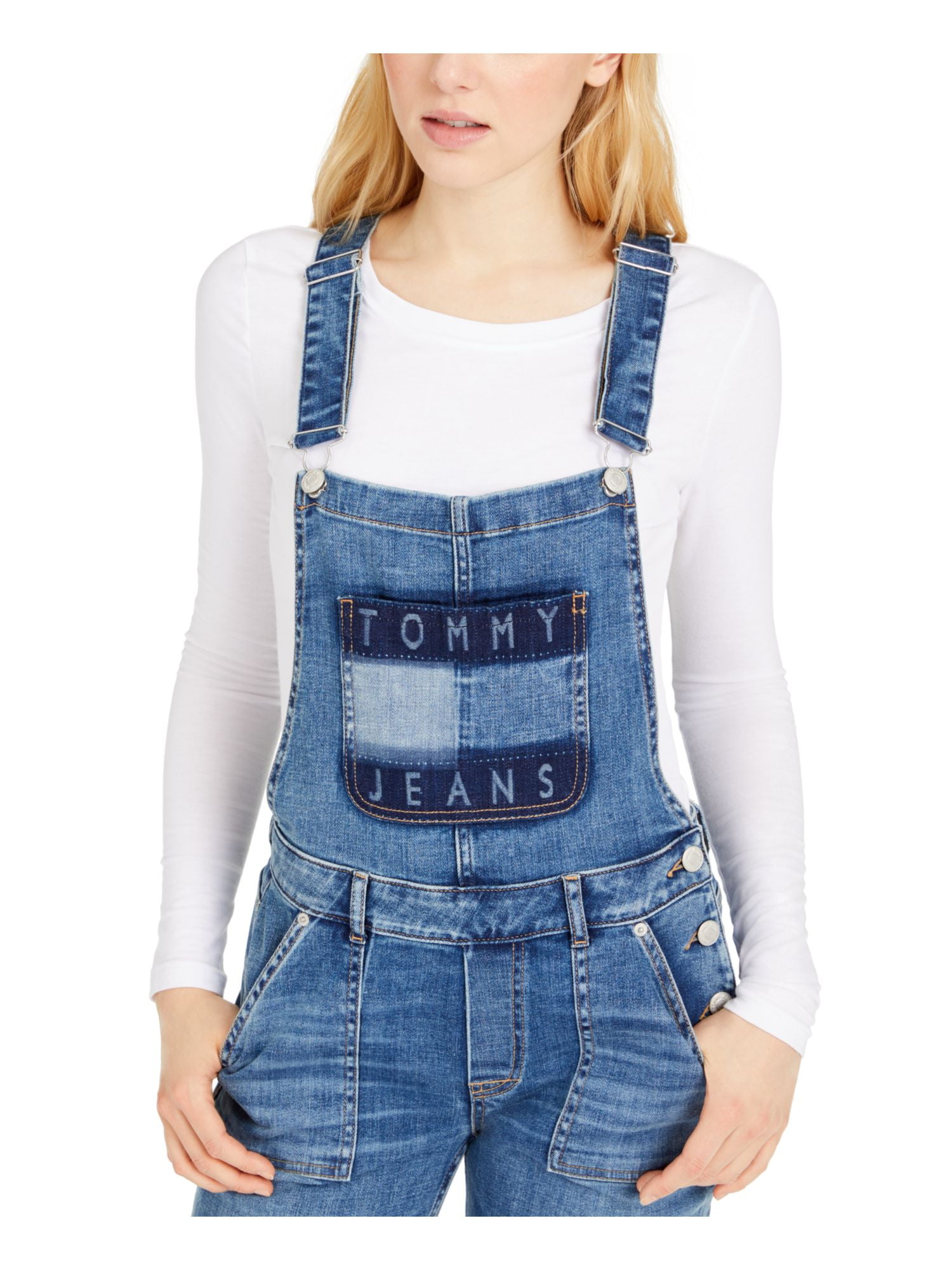 TOMMY JEANS Womens Blue Denim Distressed Pocketed Bib Overalls