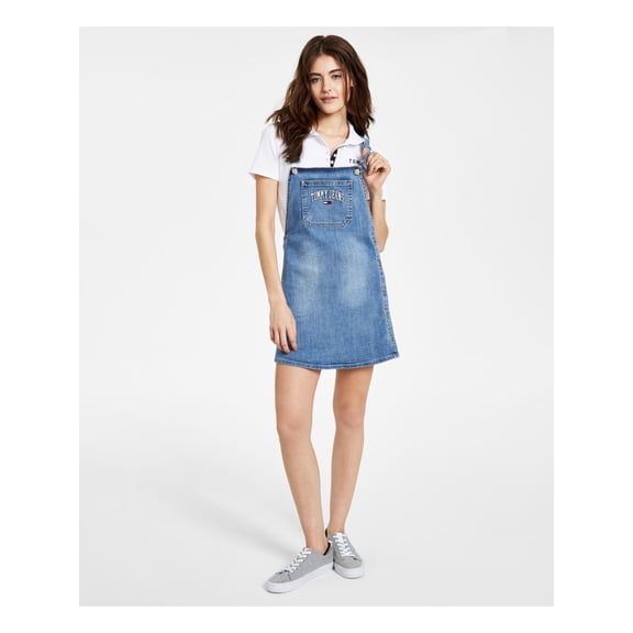 TOMMY JEANS Womens Blue Pocketed Adjustable Embroidered Front Pocket Logo Graphic Sleeveless Square Neck Short Shift Dress 31