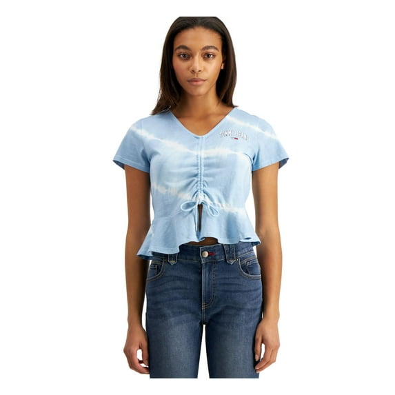 TOMMY JEANS Womens Light Blue Tie Dye Short Sleeve V Neck T-Shirt M