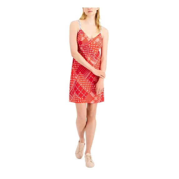 TOMMY JEANS Womens Red Zippered Adjustable Straps Spaghetti Strap V Neck Above The Knee Sheath Dress XXS
