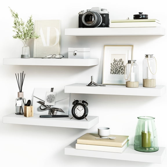 TOMNK 5pcs Black Floating Wall Shelves, Wall Mounted Storage Display for Bathroom Living Room Kitchen Office, Decor for Plants Trophies Halloween Christmas