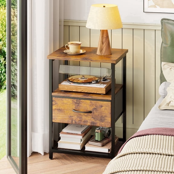 TOMNK End Table with Shelves, Narrow Side Table for Living Room, 3-Tier Nightstand with Storage, Modern Small Accent Table for Bedroom and Office