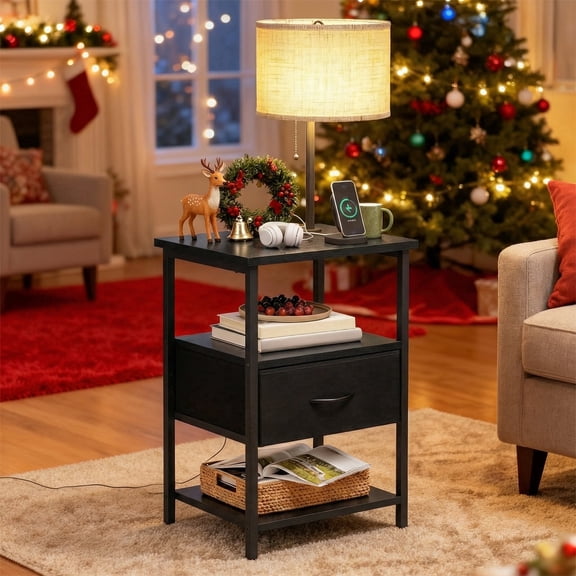 TOMNK Floor Lamp with Table, End Table for Living Room with Lamp, Shelves Side Table with Charging Station(USB & AC Port), 3 Color Temperature LED Bulb, Modern Nightstand Lamp for Bedroom, Office
