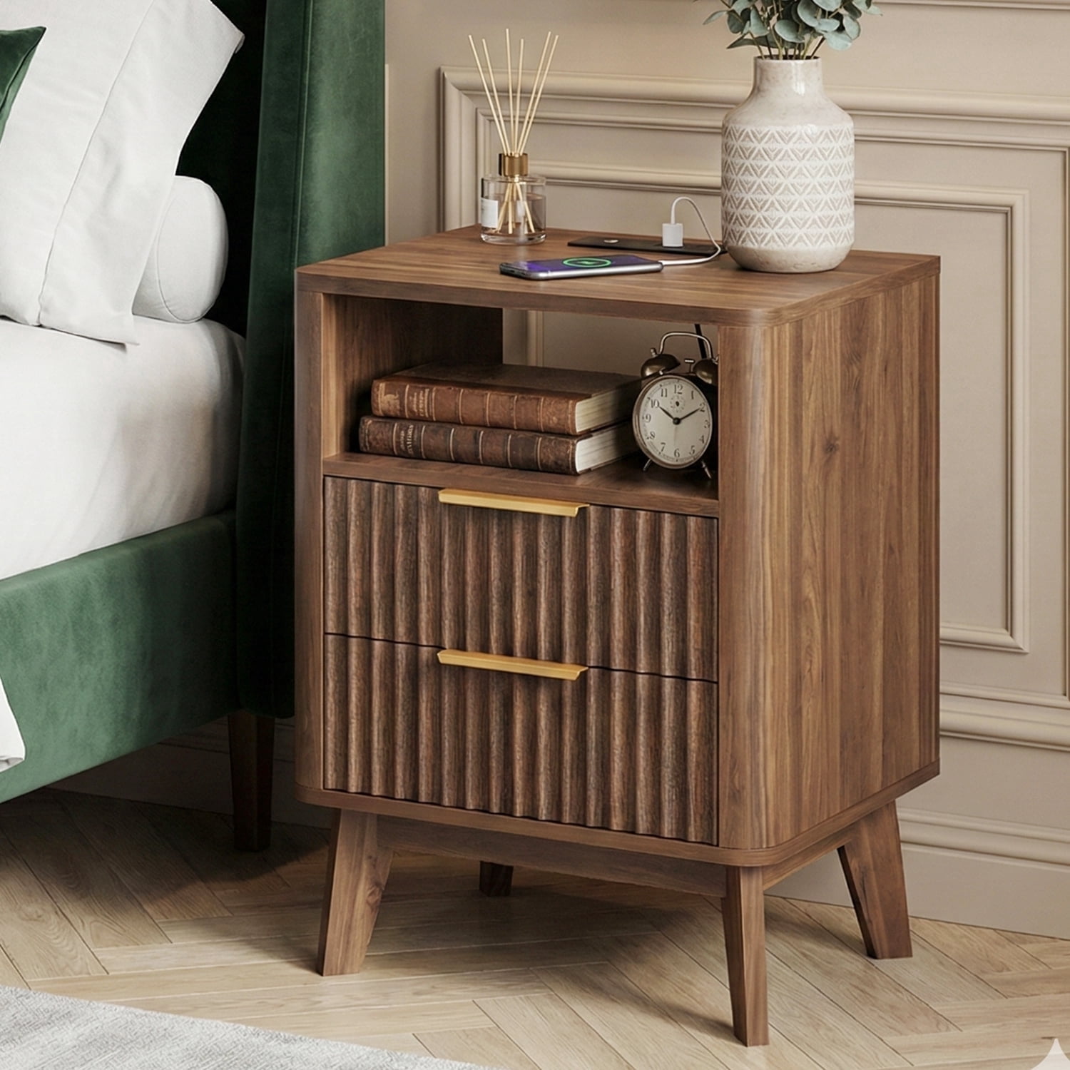 TOMNK Fluted Nightstand with Charging Station, 18" Modern Side Table, 2 Drawers End Table with Storage, Bedside Table for Bedroom, Living Room, Curved Profile Design, Dark Walnut