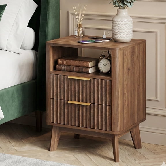 TOMNK Fluted Nightstand with Charging Station, 18" Modern Side Table, 2 Drawers End Table with Storage, Bedside Table for Bedroom, Living Room, Curved Profile Design, Dark Walnut