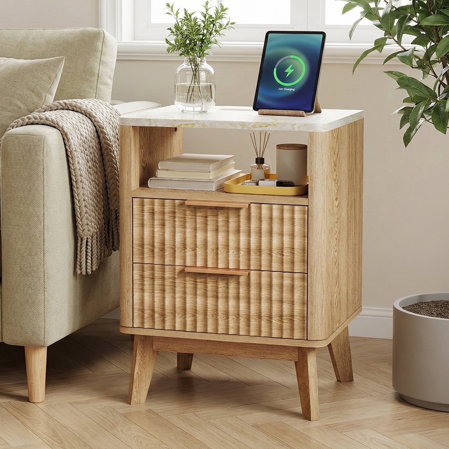TOMNK Nightstand with Charging Station, 18" Modern Side Table with Faux Marble Top, 2 Drawers End Table w/Storage, Bedside Table for Bedroom, Living Room, Curved Profile Design, Natural Oak