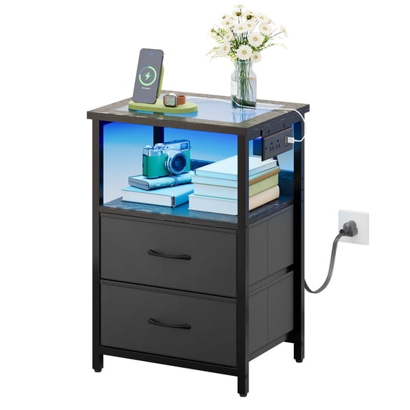 TOMNK Nightstand with LED Lights & Charging Station, Side Table with Tempered Glass Top, USB Ports & Outlets, Fabric Drawers for Bedroom/Living Room, Black