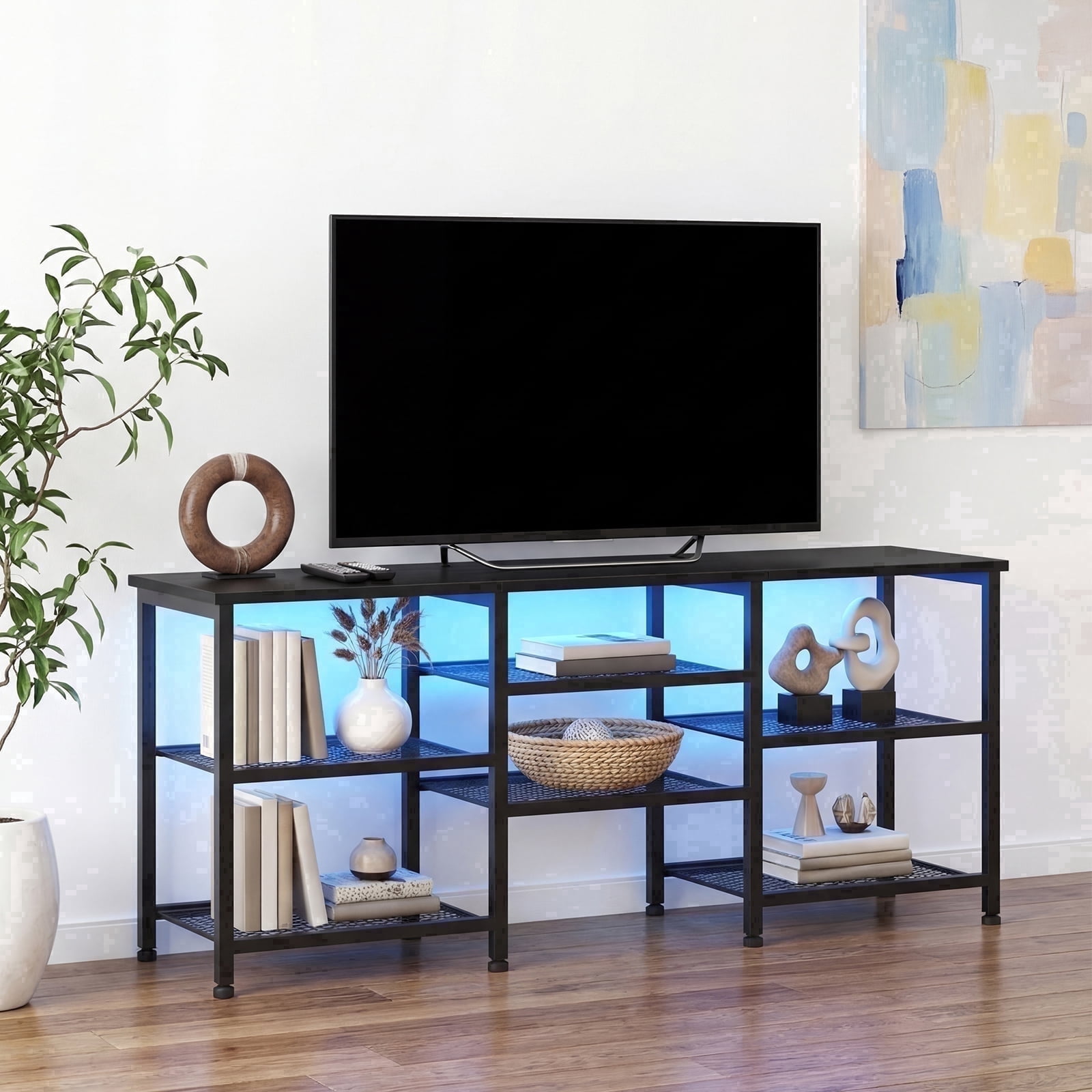 Tomnk 55 Inch TV Stand, Entertainment Center with Power Outlet & LED Lights, Open Storage Shelf Media Console Table for Living Room and Bedroom, Black
