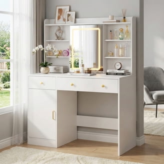 Verinch White Vanity Makeup Table With 10 LED Lights And Sliding Door | Modern Dressing Desk For Bedroom With Power Outlets And USB Ports