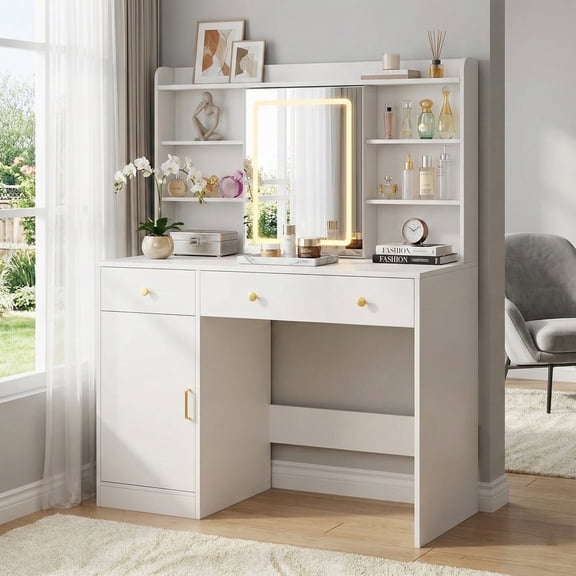 TOMNK Vanity Desk with LED Lights Mirror & Power Outlet, Small Makeup Vanity Table Set with Storage Drawers, 3 Lighting Modes & Adjustable Brightness, Dressing Table for Women Girls Bedroom, White