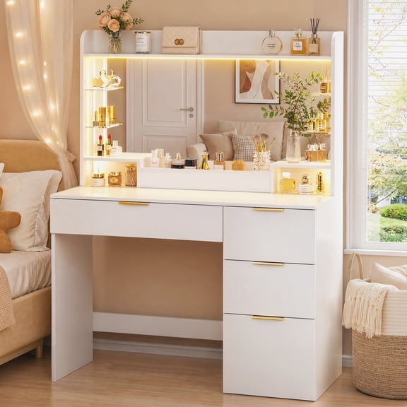 TOMNK Vanity Desk with Mirror, LED Lights and Power Outlet Makeup Vanity Table with 4 Drawers and 7 Storage Shelves Dressing Table for Bedroom Dressing Room (White)