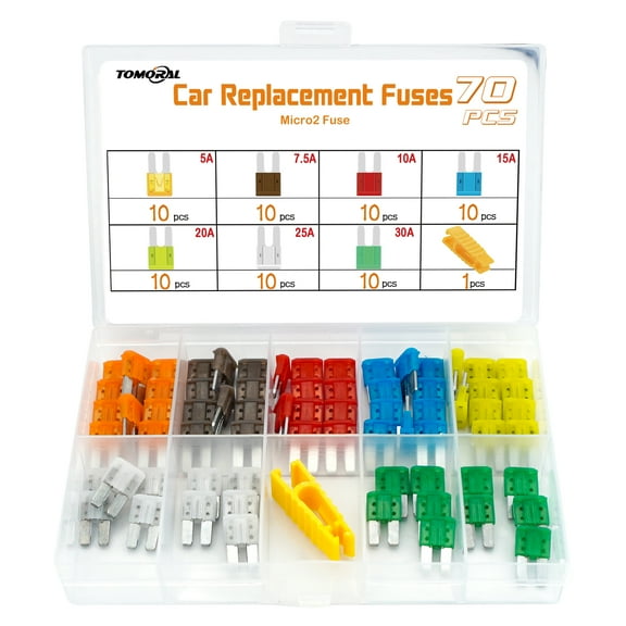 TOMORAL 70 Pcs Micro2 Fuses for Car Replacement Fuses, 5A 7.5A 10A 15A 20A 25A 30A