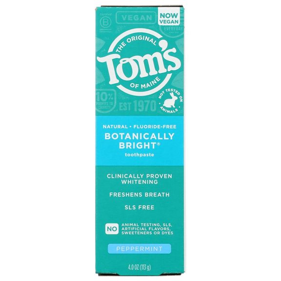 Tom’s of Maine Botanically Bright Natural Whitening Toothpaste, Fluoride Free and SLS Free, Vegan, Peppermint, 3 Pack, 4.0 Oz