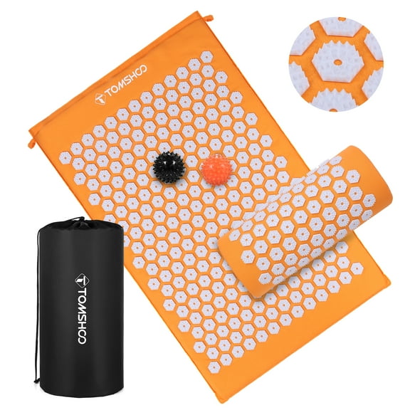 TOMSHOO Acupressure Mat and Pillow Set with 2pcs Spiky Massage Balls for Back / Neck Pain Relief and Muscle Relaxation 27" x 17" (Orange)