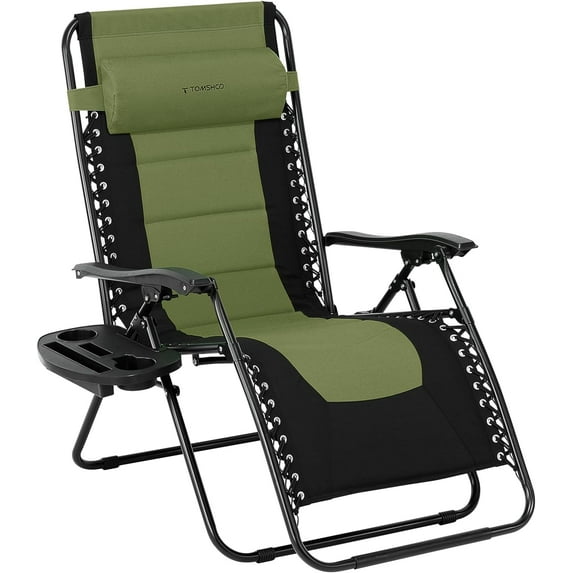 TOMSHOO Oversized Padded Zero Gravity Chair, Adjustable Patio Gravity Reclining Chair with Detachable Side Tray for Lawn Backyard Camping Dark Green