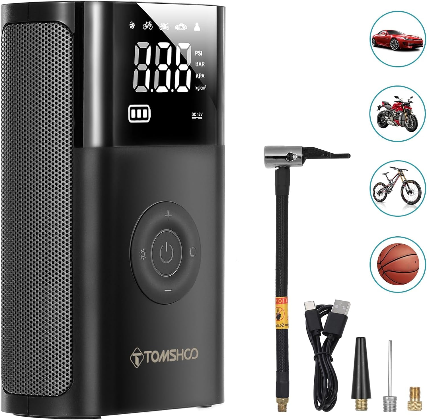 TOMSHOO Tire Inflator Portable Bike Pump Electric Air Pump for Car Air Compressor 4000mAh Cordless 150 PSI Tire Pump with Pressure Gauge Emergency Light Valve for Car Motor Bike Ball Walmart