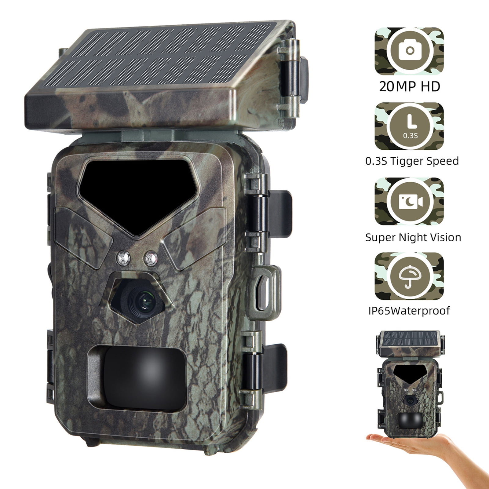 TOMSHOO Trail Camera Solar Powered 20MP 1080P Game Camera 0.3s Trigger Time Hunting Cam with