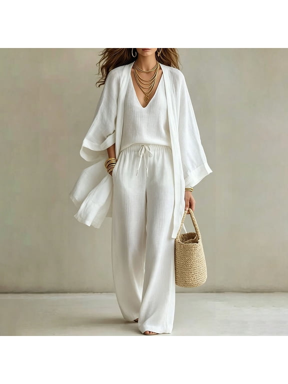 3 Piece Sets for Women Flowy Business Casual Outfits Loose Lightweight Long Cardigan Sleeveless V Neck Tank Top & Wide Leg Pant Matching Lounge Set Cotton Linen Women Clothing Fall Fashion