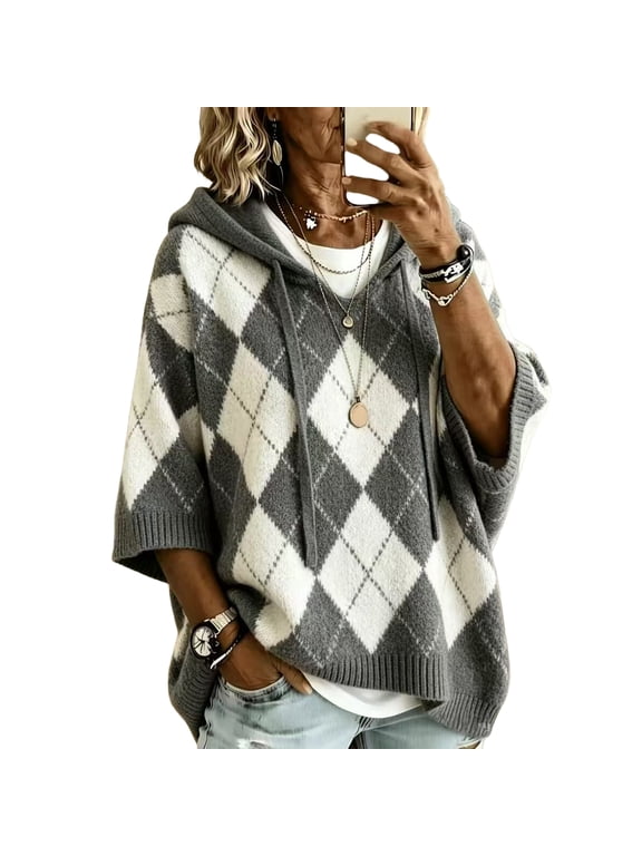 Argyle Sweater Women 3/4 Sleeve V Neck Hooded Sweaters Knit Oversized Light Weight Sweater Drawstring Diamond Plaid Hoodies Pullover Casual Fall Tunic Tops Vintage Preppy Outfits