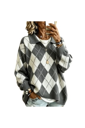 Argyle Sweater Women Knit Oversized Polo Sweater Lightweight Diamond Plaid V Neck Sweaters Relaxed Fit Casual Fall Jumper Tops Vintage Preppy Trendy Outfits