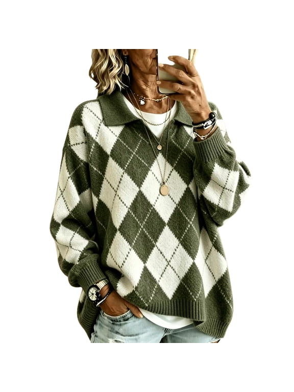 Argyle Sweater Women Oversized Polo Knit Sweater Lightweight Diamond Plaid V Neck Sweaters Loose Fit Casual Fall Jumper Tops Vintage Preppy Trendy Outfits