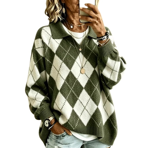 TOMVIGX Argyle Sweater Women Polo Oversized Knit Sweater Lightweight Diamond Plaid V Neck Sweaters Relaxed Fit Casual Fall Jumper Tops Vintage Preppy Trendy Outfits